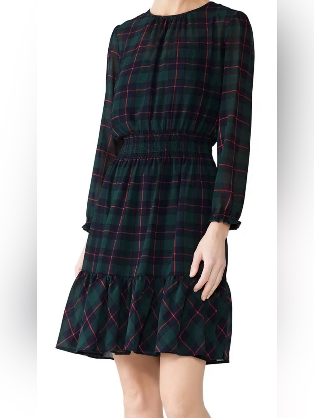 J. Crew Glendale Green & Navy Plaid Cinched Waist Sheer Mini Dress Size M
